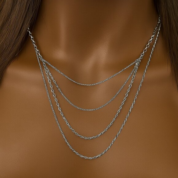 Calvin Klein Silver Multi-Strand Necklace Set of 4 – CK Women’s Fashion Jewelry - Picture 1 of 11